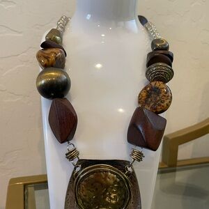 Fashion Artisan Wood and Metal Statement Necklace